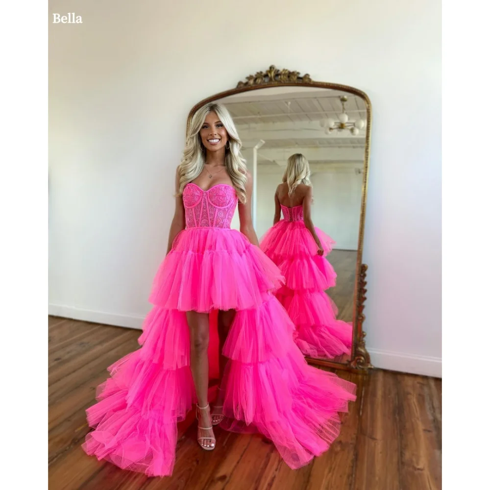 Bella Customize Pink Trailing Strapless robes de soirée Mesh Fabric Multi-Layered Prom Dresses A-line Sleeveless Wedding Dress