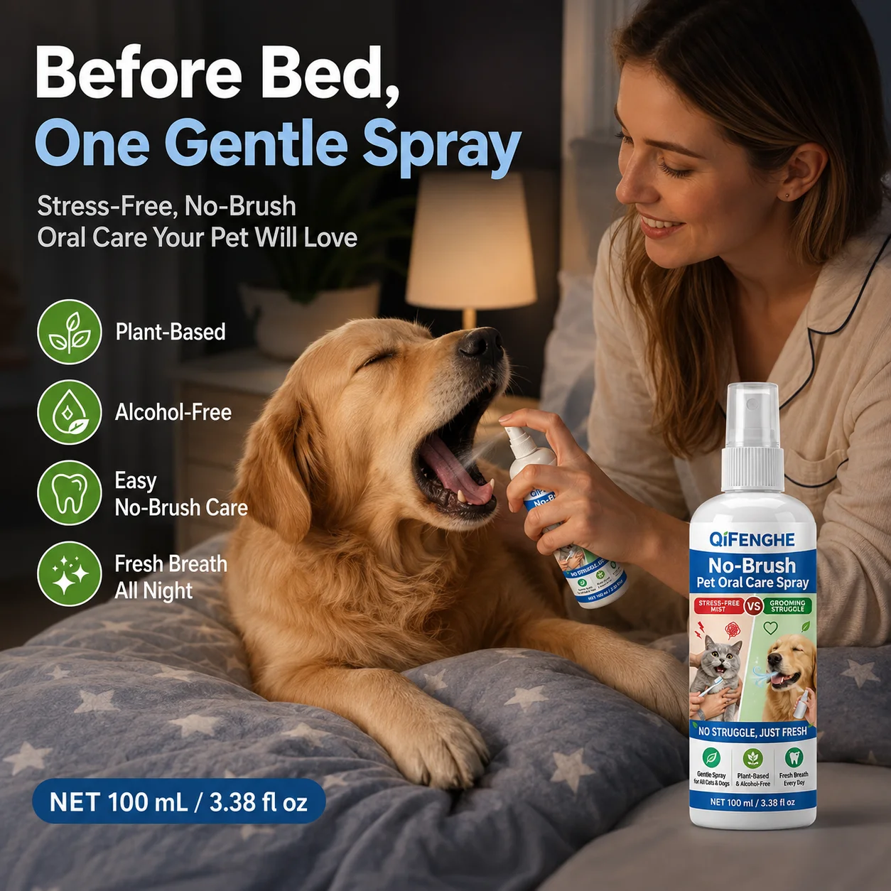 No-Brush Pet Breath Cleaner, Alcohol-Free Plant-Based Oral Care Spray for Cats & Dogs, Daily Freshness