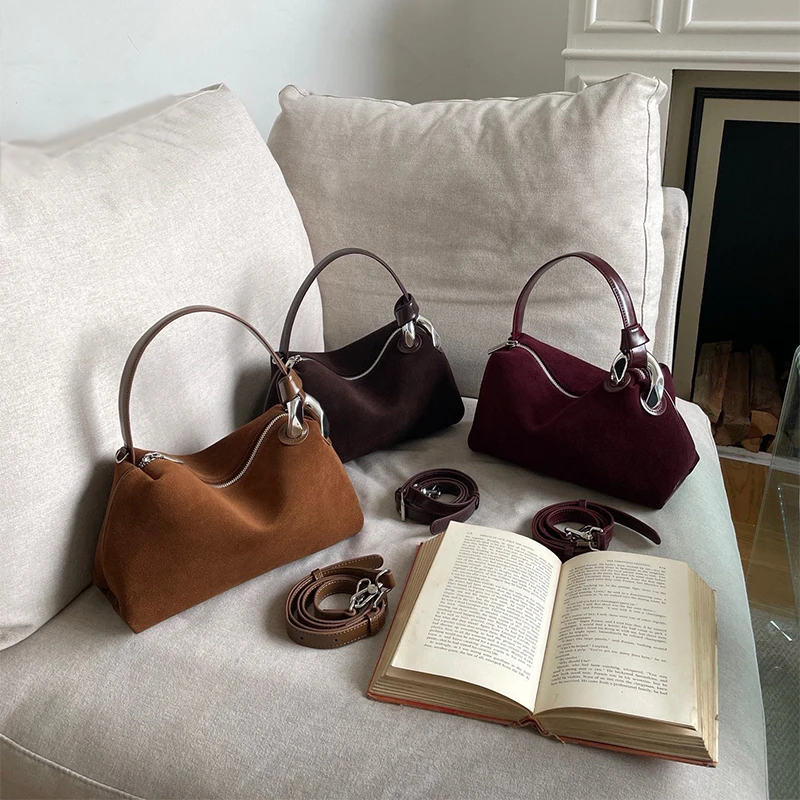 Natural Suede Pillow Bag Handbag Women Underarm Saddle Bag Metal Handle Crossbody Pouch Long Shoulder Strap Design Messenger Bag