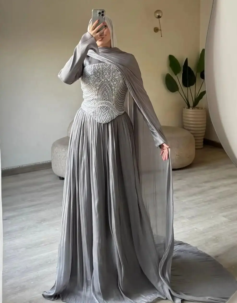 

Ofherown Luxury Muslim Evening Gown Hand Beaded Bustier Pleated Skirt Prom Dress with Detachable Cape for Eid Party Customized
