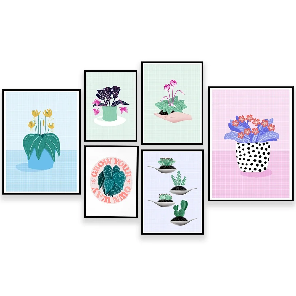 Mini floral prints plants, cacti, grow your own way art prints, botanical illustrations, houseplants typography posters