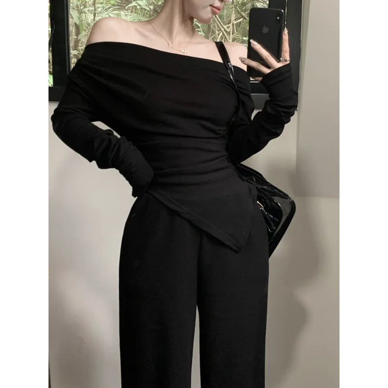 2023 Spring for Women Korean Style Irregular Off Shoulder T-shirt + Pants Suit 2 Pieces Sets Tight-fitting Retro Y2k Suit