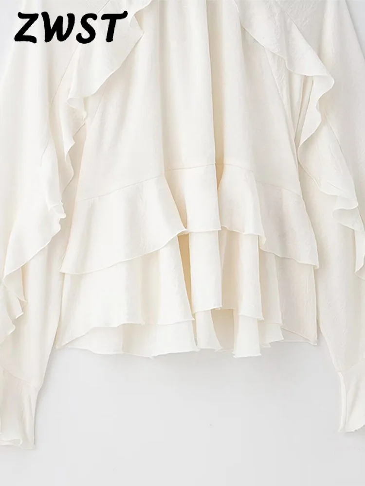 흰색 느슨한 Flounce 블라우스 여성 패션 긴 소매 오-넥 거즈 셔츠 여성 2025 봄 여름 레이디 스트리트 모든 경기상의