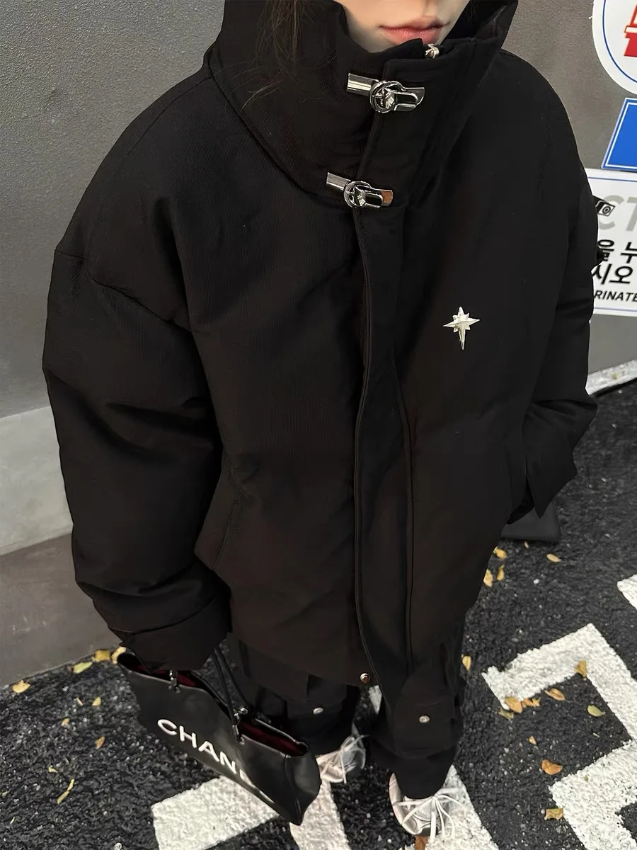 

American Sle Collar Metal Decorated Bread Coat Cotton Jaet Men's Women's Loose Winter Trendy Brand Cotton Outerwear