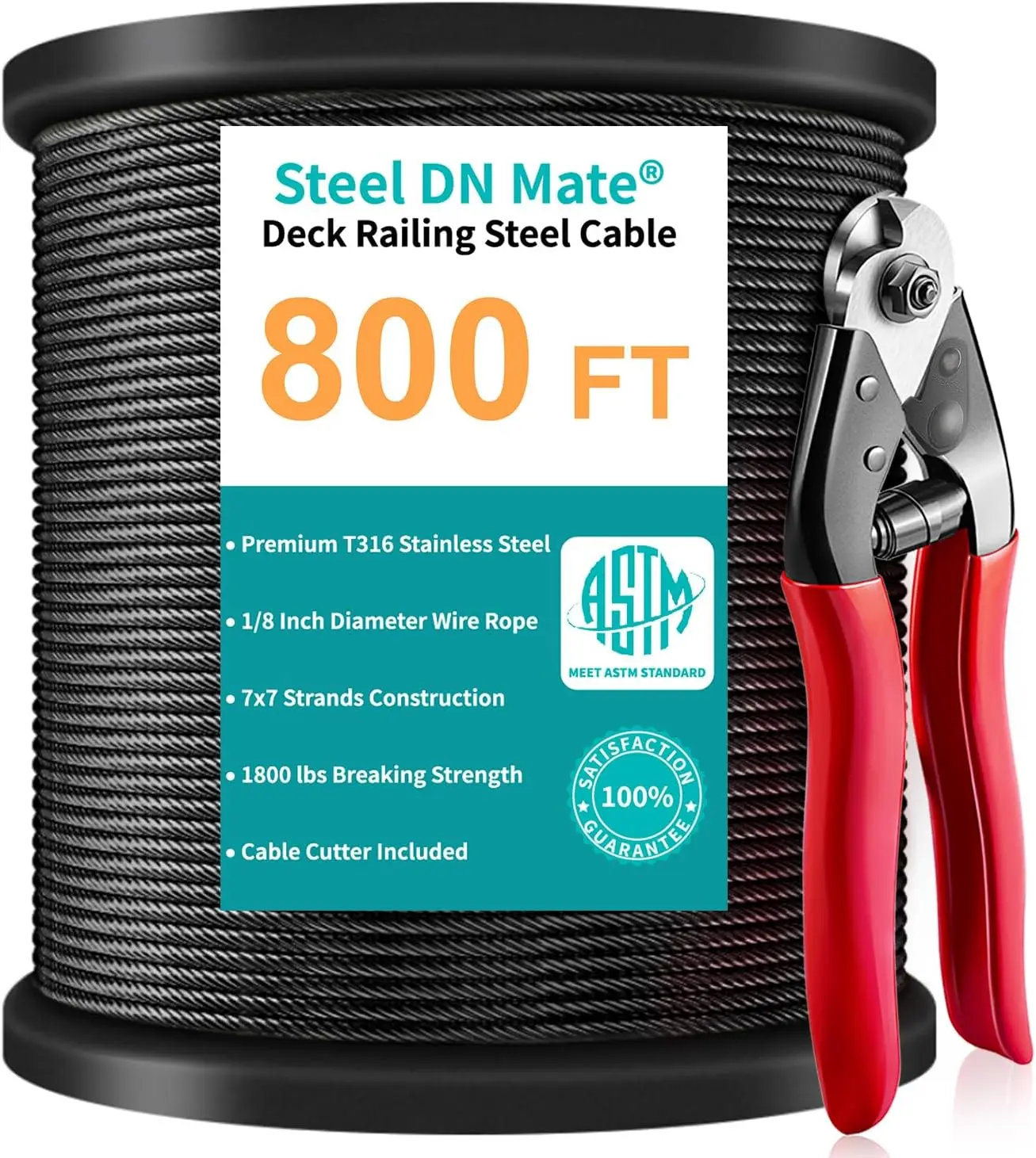 

800ft Black Wire Rope 1/8" T316 Marine Grade Stainless Steel Cable 7 × 7 Strands for Stair Fence Deck Cable Railing