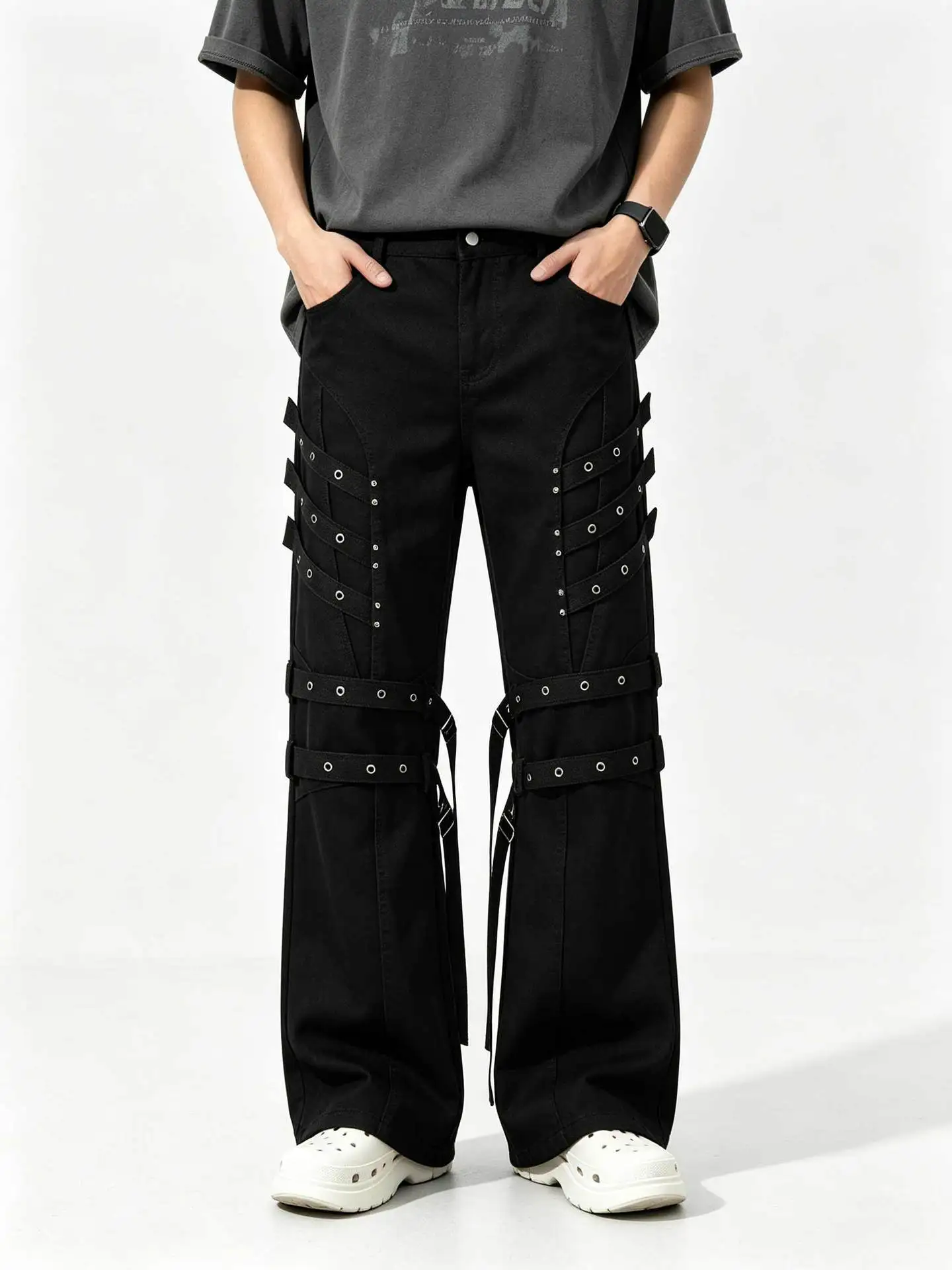 Men's Punk Style Flare Jeans Pants With Bandages High Street Bell Bottom Denim Trousers Loose Fit Boot Cut Jeans For Male