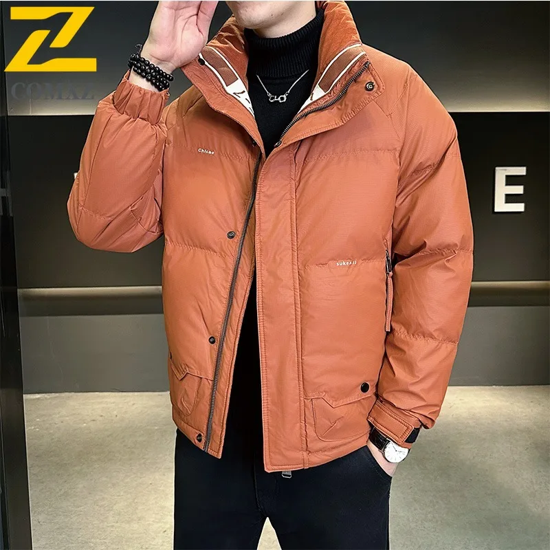 COMXZ 2025 Winter Couple Solid Color Stand Collar Down Jacket Men Women Thickened Warm Trendy White Duck Feather Parka Coat