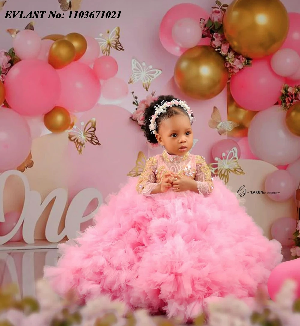 EVLAST-vestido de niña de flores de manga larga para bodas, apliques de cuentas de lentejuelas doradas, vestido de cumpleaños de desfile para niñas, rosa, rubor lindo, FD85