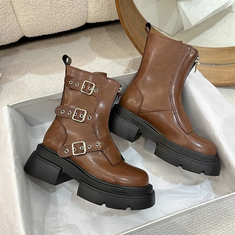 

Fad Ankle Boots for Women Round Toe Belt Buckle Mid Calf Platform Boot Retro British Wedges High Top Shoes for Women Botas Mujer