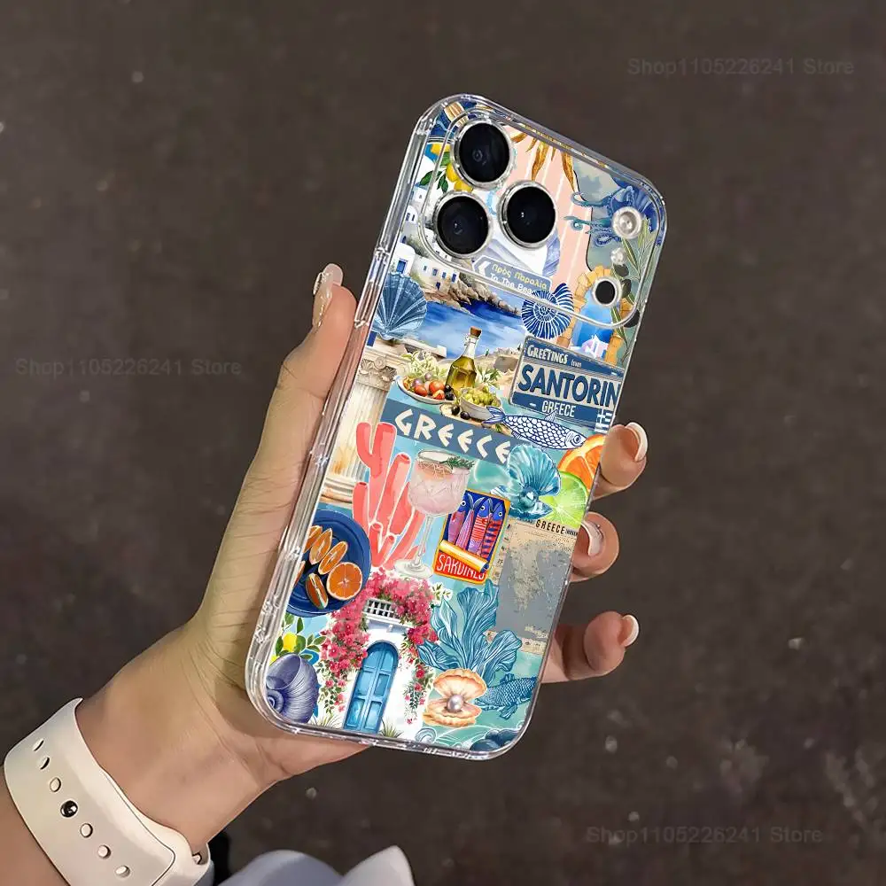 Blaue Kunst griechische Ägäis Handyhülle für iPhone 14,13,12,11,17,16,15,Pro,Max,Plus,X,XS,XR,SE,Mini transparente Softcover