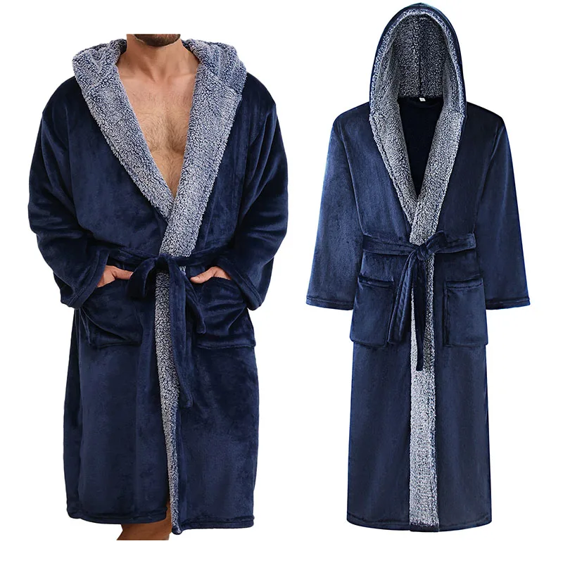 Men‘s Hooded Plush Robe with Pockets, Thick Flannel Bathrobe, Warm Sherpa Lined Collar for Winter Sleepwear & Loungewear