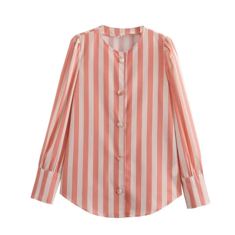 

Classic Striped Print Women Loose Shirt 2024 Summer Puff Sleeve Buttons O Neck Curved Hem Blouse Female Top Y2K