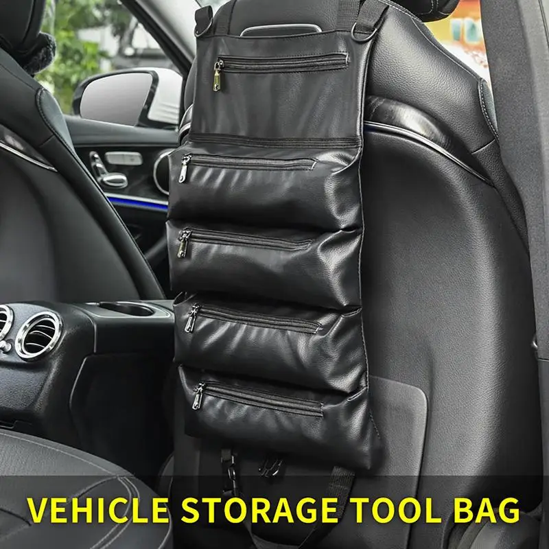 Car Back Seat Organizer Roll Up Tool Bag Large Capacity Waterproof PU Leather Car Organizer For Mechanic Electricians Road Trips