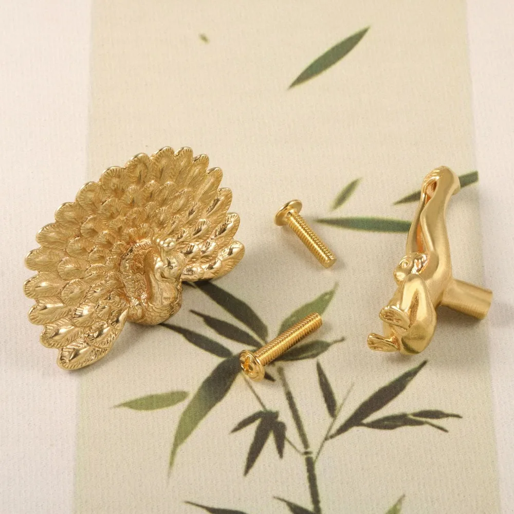 Gold Color Peacock Monkey Brass Handle Luxury Retro Cabinet Door Knobs Push-pull Single Hole Wardrobe Drawer Pulls Window