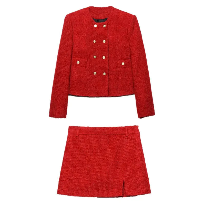 Fashionable Short Double-Breasted Coat Women's All-Match Button Decorated Texture Versatile Style Polyester Fabric Winter 