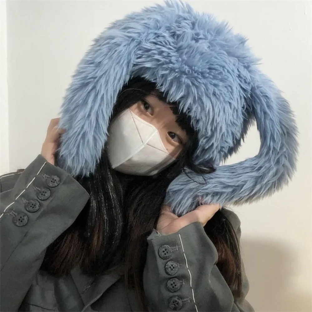 Simpatici berretti con orecchie di coniglio in tinta unita coniglietto berretto pullover in peluche resistente al freddo orecchie lunghe cappello di protezione per le orecchie Y2K invernale