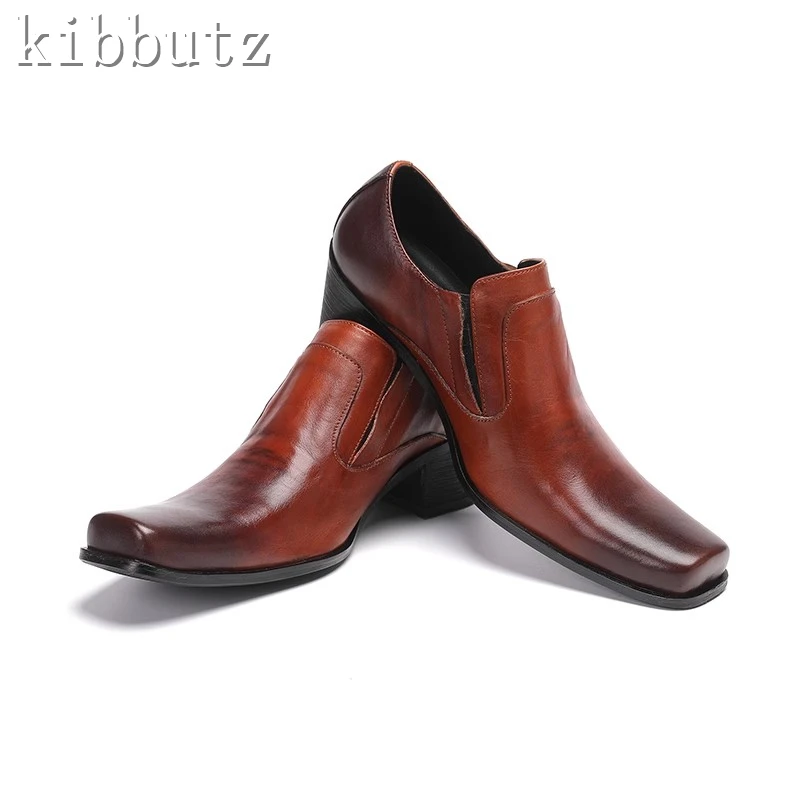 Square Toe Men High Heels Shoes Belt Buckle Slip On Genuine Leather Oxford Shoes Male Wedding Formal Office Business Shoes