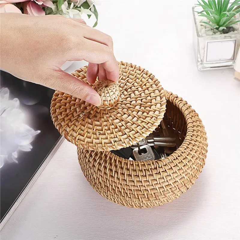 【LIMITED TIME DISCOUNT】Round Rattan Basket With Lid, 6.3" X 5.5", Small Decorative Box In Hand-Woven Wicker For Entryway& Picnic view 6