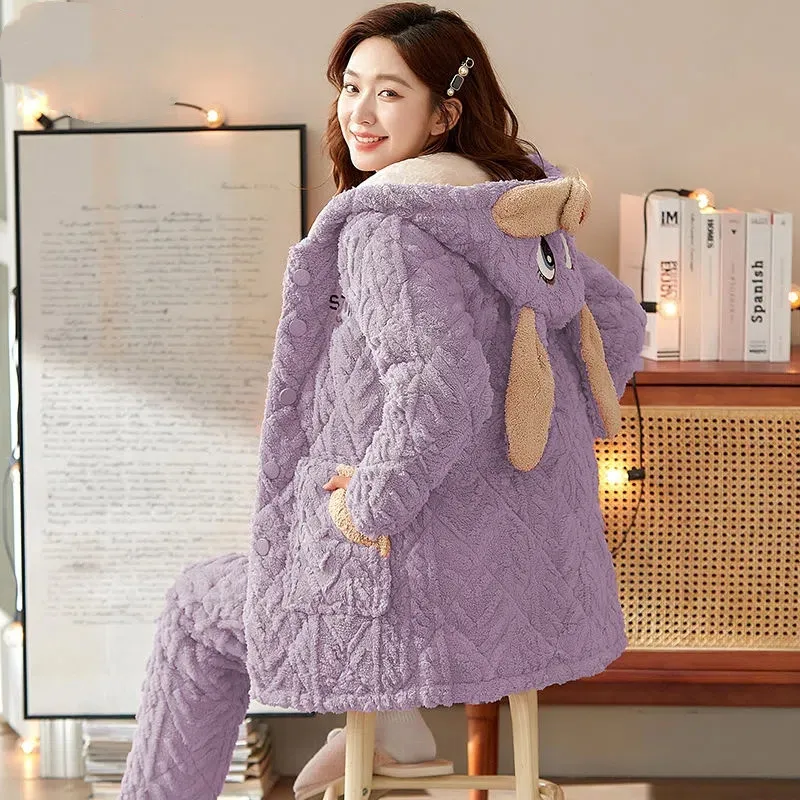 Pajamas Women\'s Winter Three-Layer Quilted Thickened Pajamas Long Plush Medium Long Hooded Plush Warm Home Clothes Suit Female