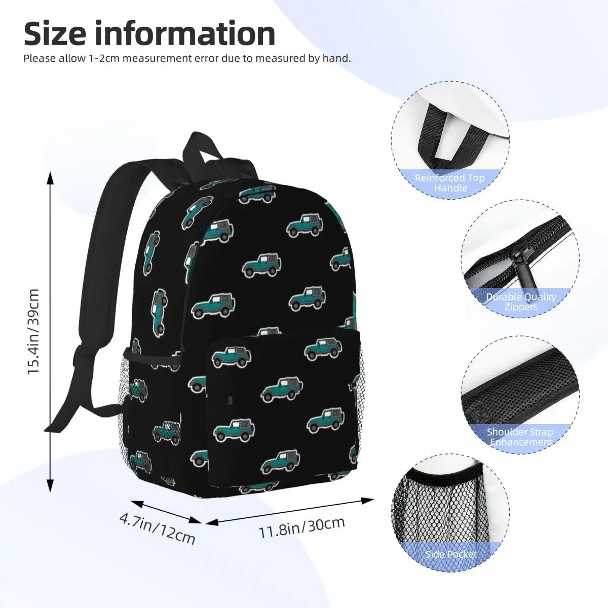 Teal Jeep Backpacks Boys Girls Bookbag Casual Children School Bags Travel Rucksack Shoulder Bag Large Capacity