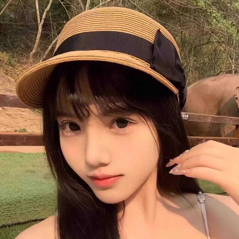 

Summer Straw Hat for Women French Vintage Bow Flat Top Cap Outdoor Beach Travel Breathable Sun Visor Cap Girls Vacation Sun Hat