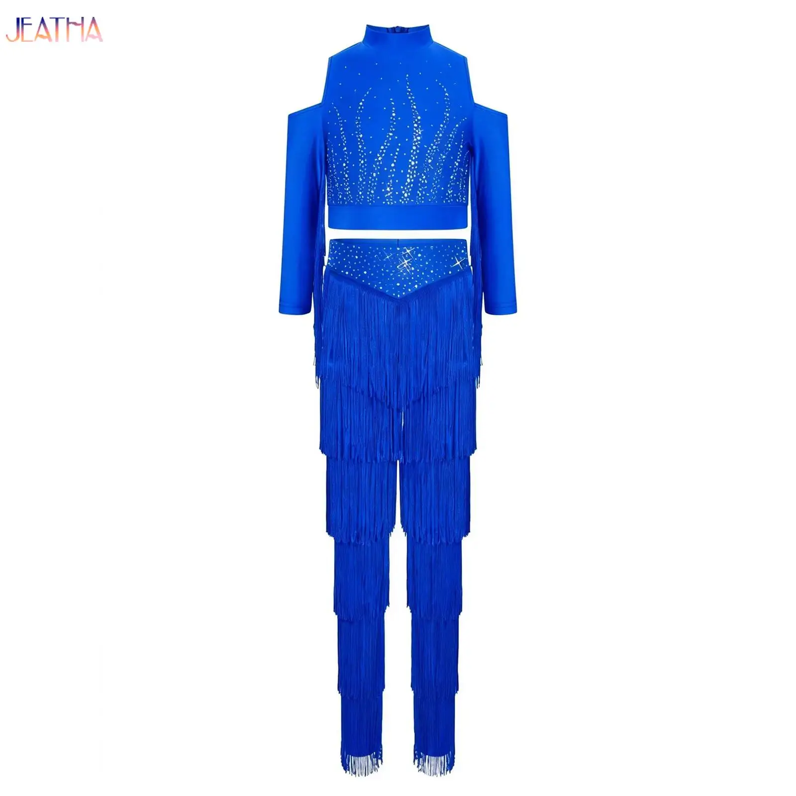 

Kids Latin Dance Pantsuit Costumes Ballroom Tango Rumba Belly Fringe Tassel Dress Pants Girls Salsa Samba Children Stage Outfits