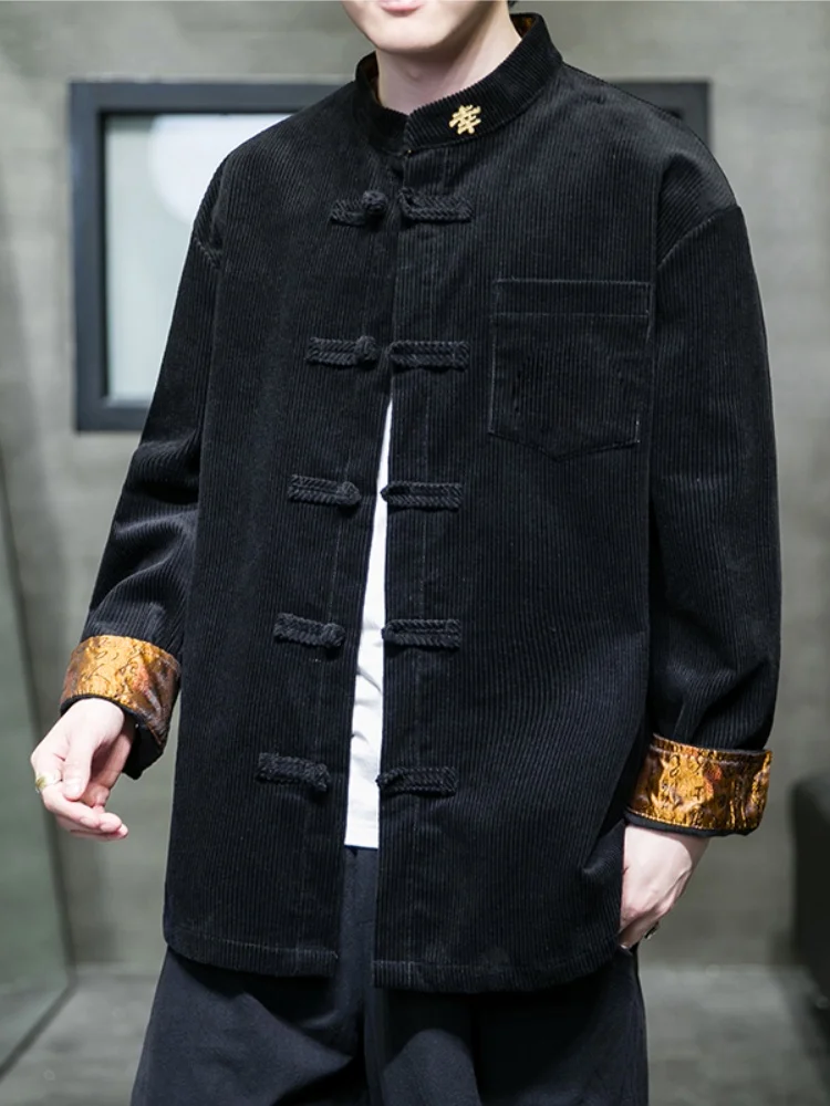 

New Chinese Sle Men's Corduroy irt Jaet Spring Faion Retro Button Tang Costume Improved Hanfu Loose Fit Embroidered