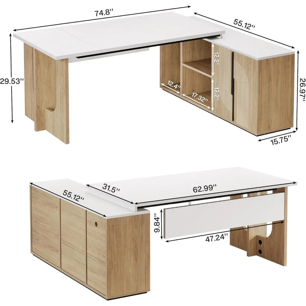Scrivania direzionale da 74,8", grande scrivania da ufficio con armadietto, scrivania per computer a forma di L con ripiani e portaoggetti per CPU, ufficio domestico moderno