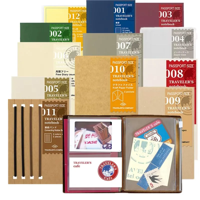 Cuaderno de viajero japonés Midori TRC, pasaporte TN, soporte para bolígrafo central, accesorios, insertos, pegatina de página interior