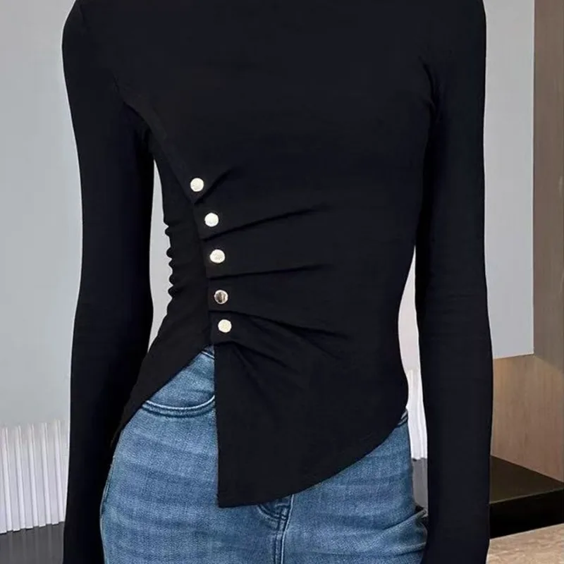 Sexy Half-turtle Collar Long-sleeved Pleated Bottoming Shirt T-shirt Autumn and Winter Slim Top for Women