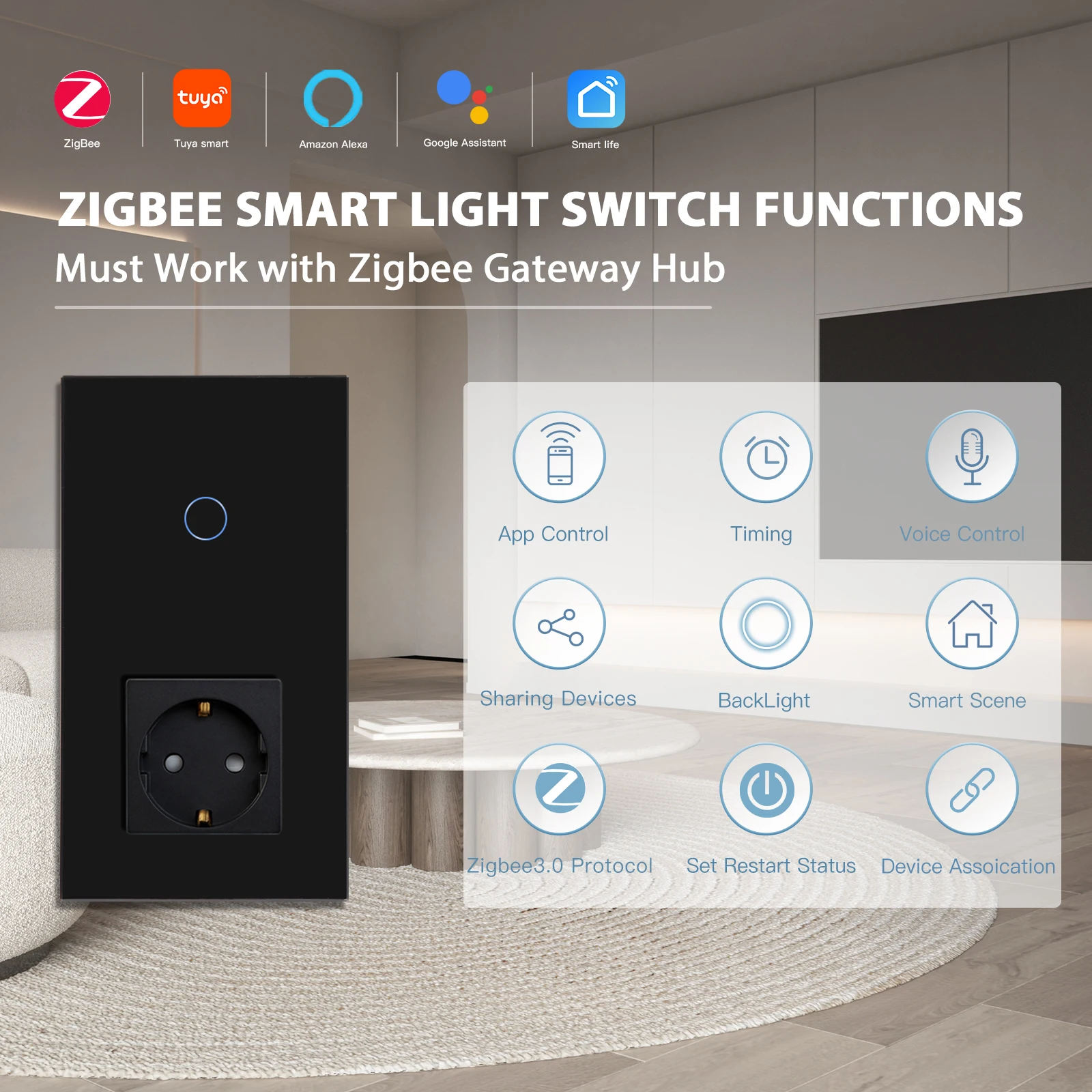 BSEED-interruptores táctiles de pared Tuya Smart ZigBee, 1/2/3 entradas, interruptor de luz eléctrica, control por aplicación inalámbrico con enchufe estándar de la UE