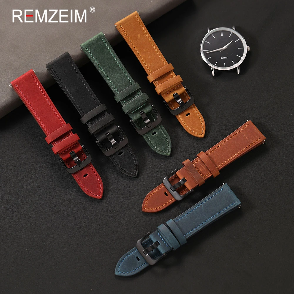 Premium Mattes Crazy Horse Leder Uhrenarmband mit Schwarzer Schnalle Herren Ersatz-Armband 18mm 20mm 22mm 24mm