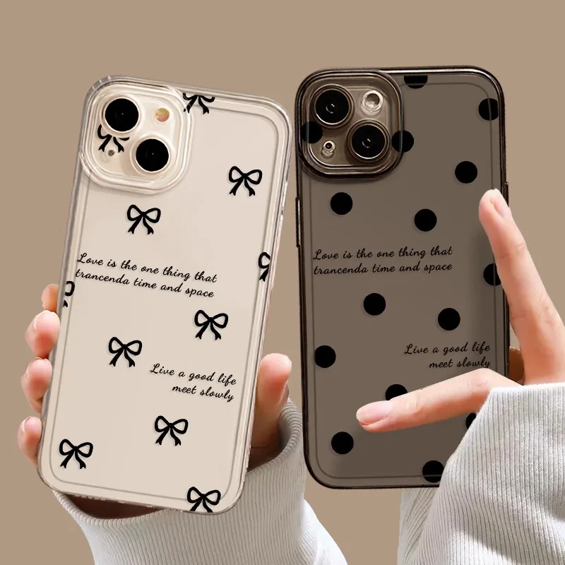 

Love Heart Bow Polka Dot Phone Case For iPhone 16 14 13 12 11 15 Pro Max 7 8 Plus SE Mini XS X 16E Shockproof Transparent Cover