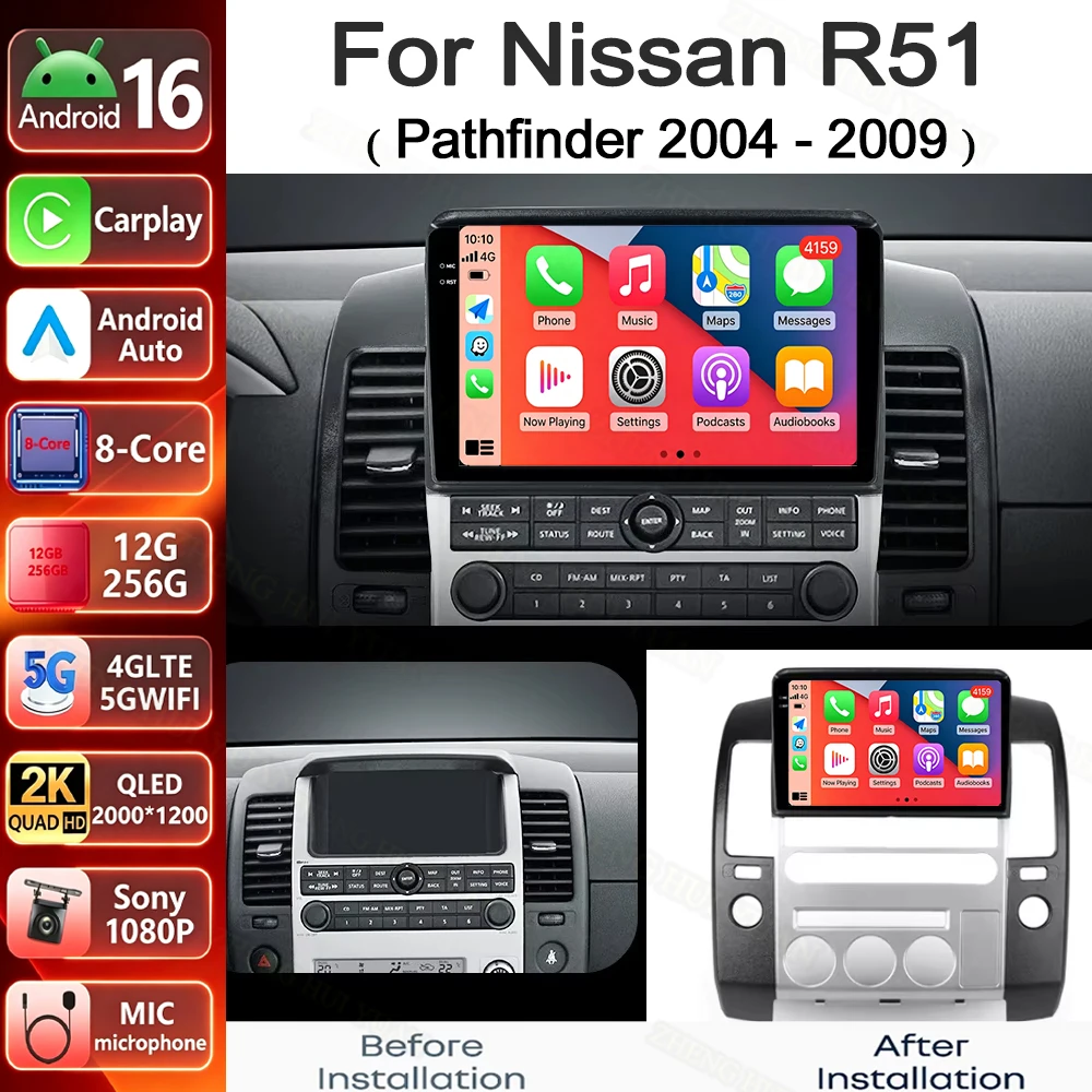 For Nissan 2004 - 2009 Pathfinder R51 2K QLED Android 16 CarPlay Auto Car Radio Multimedia Video Player GPS Stereo Head Unit 4G