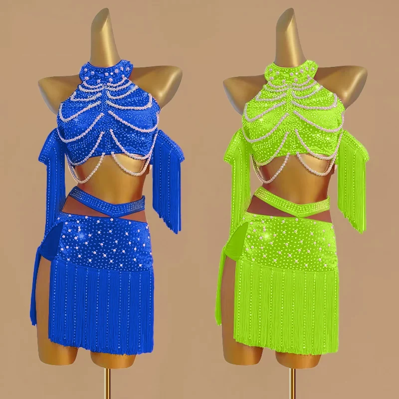 Waltz Ballroom Dance Professional Dress Girls Diamond Latin Dance Fringed Suit Kids Chacha Latin Dance Competition Costume 16648