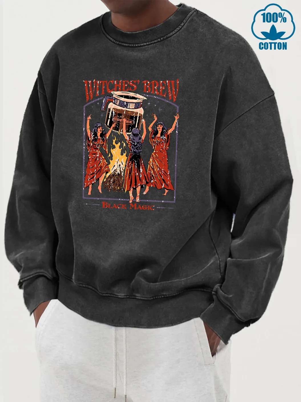 Witches Brew Black Magic Printed Mens Washed Cotton Streetwear Fashion Loose Sweatshirt Street Casual Hoody Autumn Crewneck Top