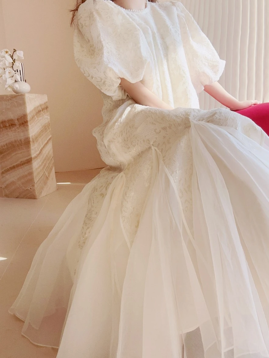 

Осеннее платье Ele Fairy T из тюля с вышивкой, А-силуэт, с рукавами-фонариками, белое, легкое, с пышной юбкой, для женщин