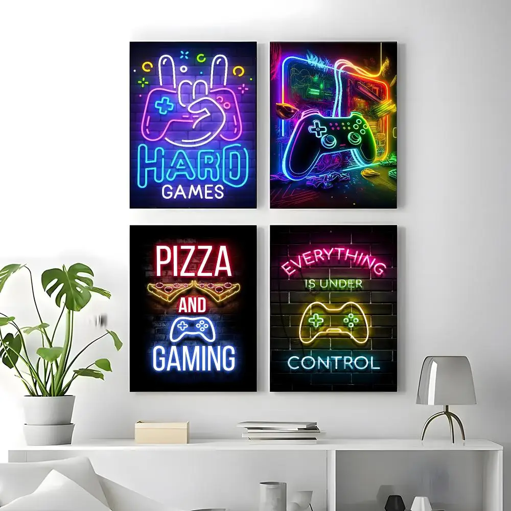 Art Neon Gamepad Poster Self-adhesive Art Waterproof Paper Sticker Coffee House Bar Room Wall Decor