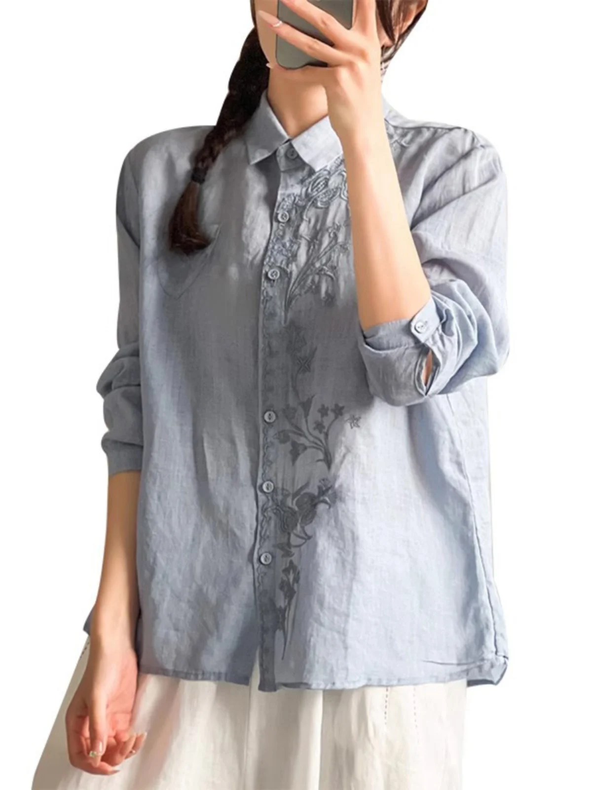 레트로 코튼 린넨 자수 플러스 사이즈 여성용 칼라 롱 슬리브 컬러 캐주얼 셔츠 트렌디 가을 의류