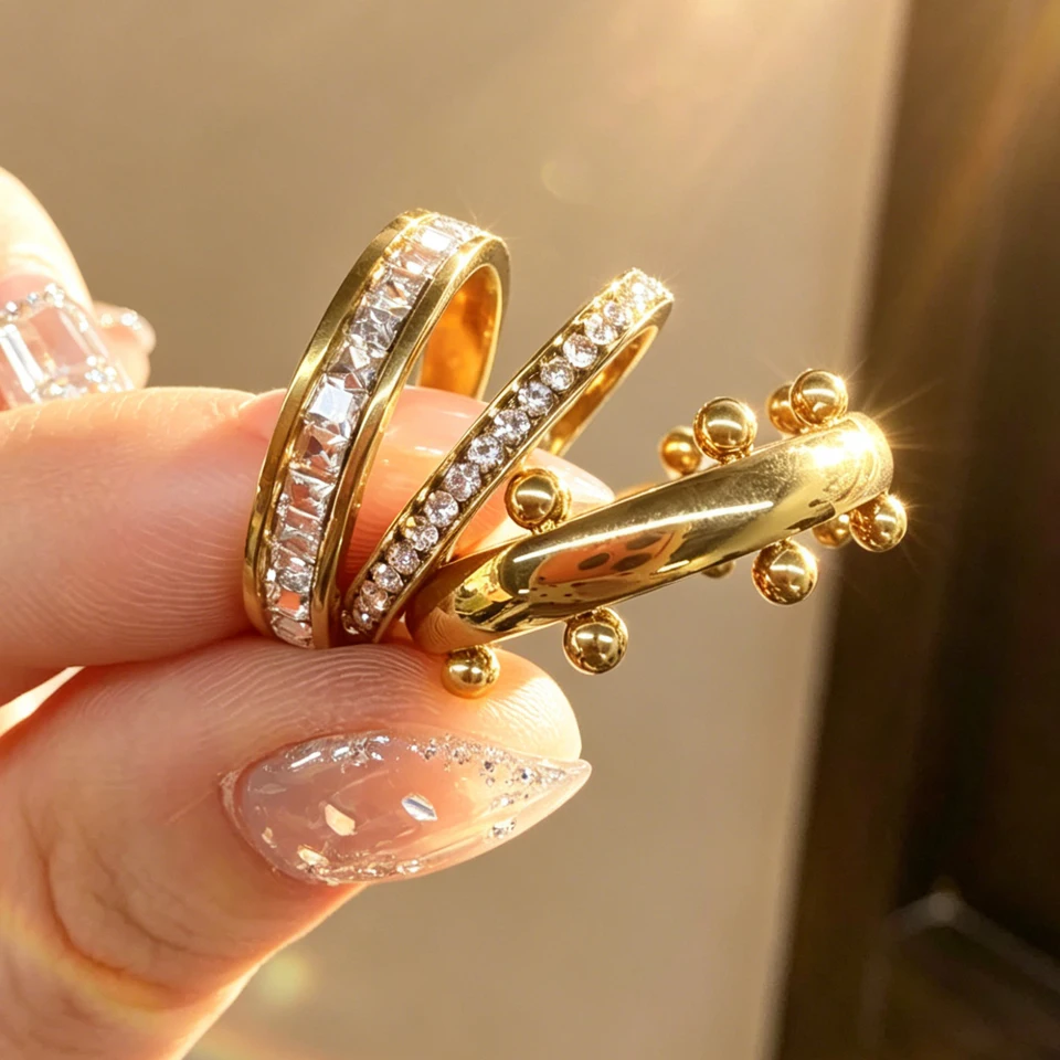 Yupsk European American Fashion Stainless Steel Stackable Rings for Women Three Styles Finger Ring Set Jewelry Gift