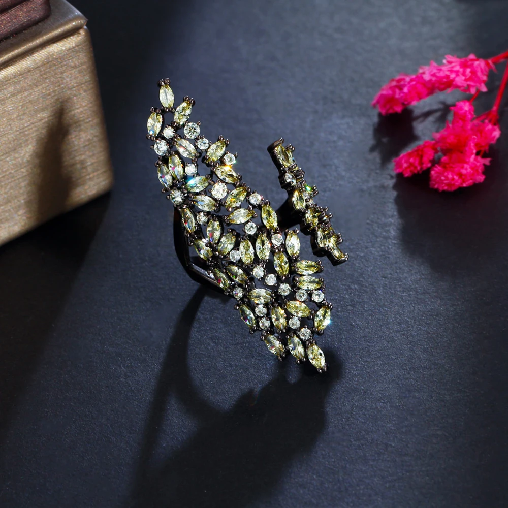 BeaQueen Shiny Aesthetic Olive Green CZ Black Gold Plated Cocktail Party Big Rings Opening Adjustable Jewelry for Women R127