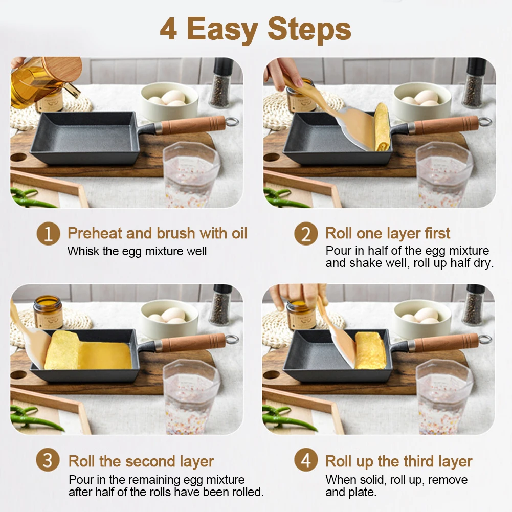 

Cast Iron Egg Pan Wood Handle Tamagoyaki Pan with Oil Brush and Shovel Japanese Egg Omelette Pan for All Kinds of Oven