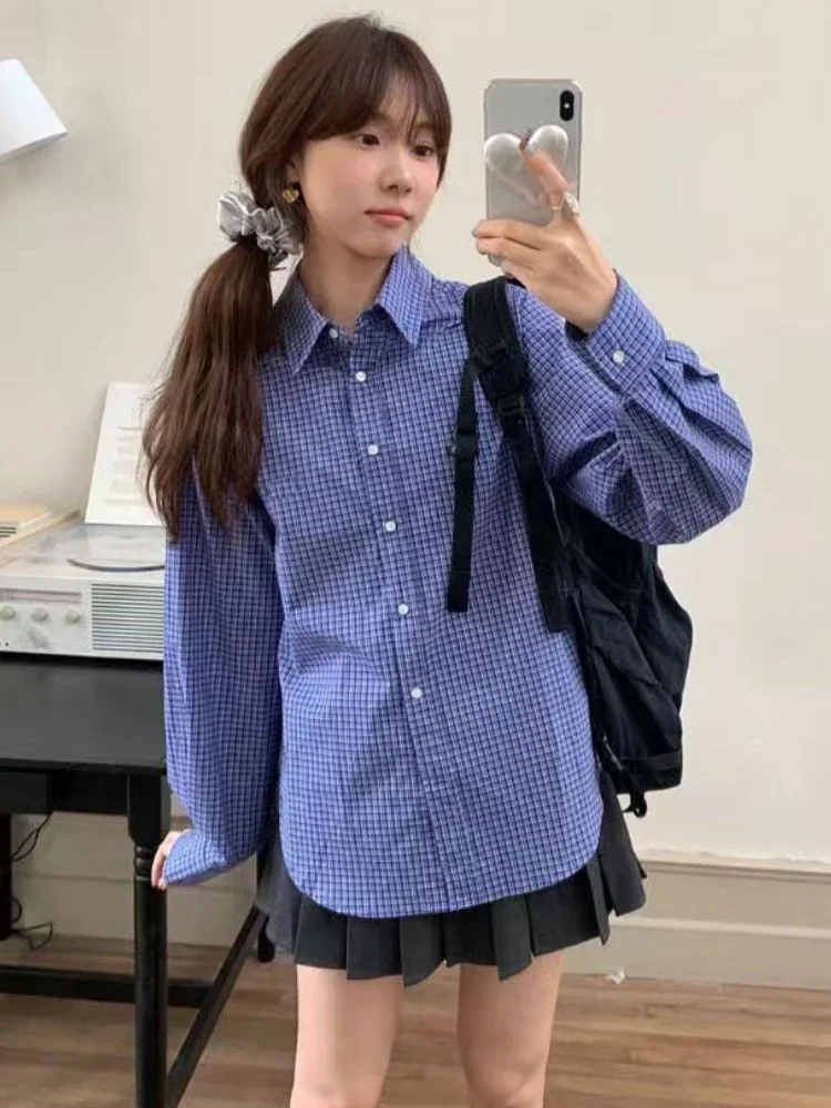 Camisas a cuadros azules Vintage para mujer, blusa a cuadros con Bordado de letras Harajuku, ropa de Camisa de moda coreana de gran tamaño para mujer
