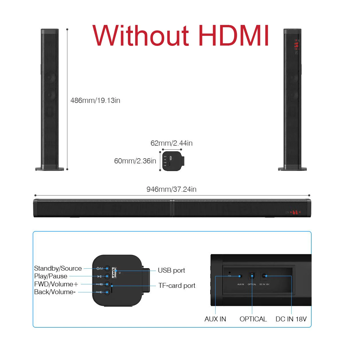 Sounderlink Wireless Detachable Bluetooth TV 37 inch Soundbar Speaker Home Theater Support Optical SPDIF AUX HDMI-Compatible