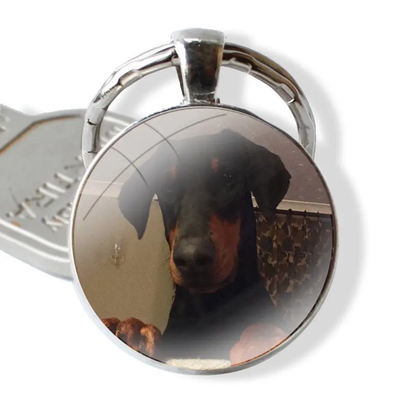 Cute Dachshund Doberman Dog Keychain Handmade Glass Cabochon Key Ring Holder Pendant Key Chains