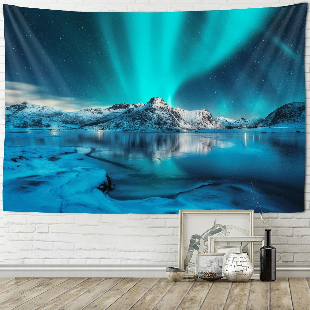 Night Sky Northern Lights Landscape Wall Hanging Tapestry Art Deco Blanket Curtains Hanging at Home Bedroom Living Room Decor