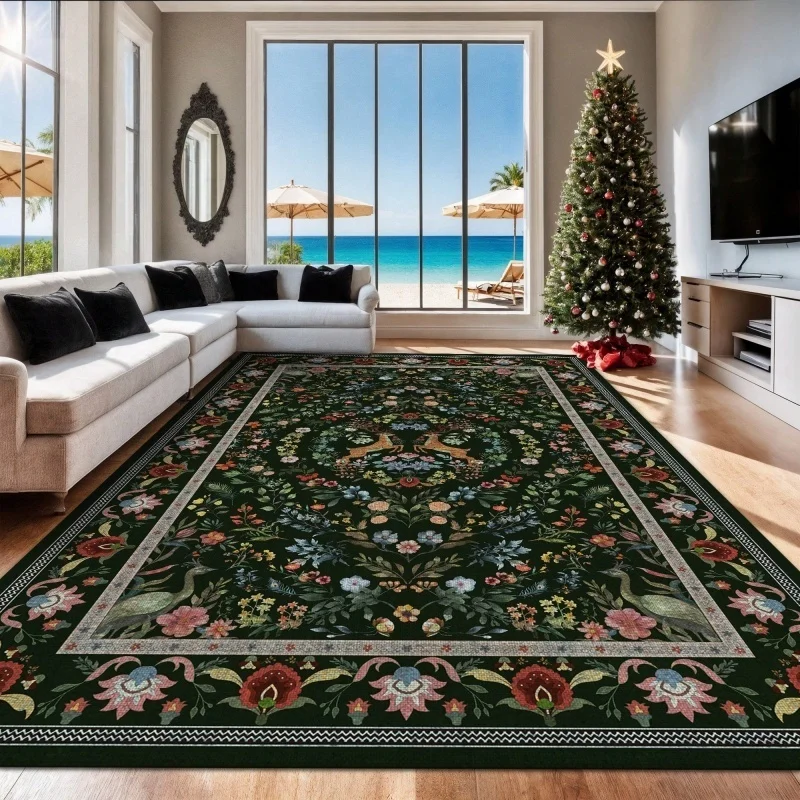 Dark Green Vintage Deer Bird Wildflower Border Large Felt Area Rug Non Slip Forest Style Living Room Carpet