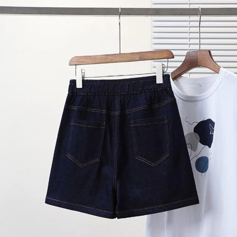 Thin and high waisted A-line wide leg five cropped pants summer new fashion street elastic color blocking denim shorts