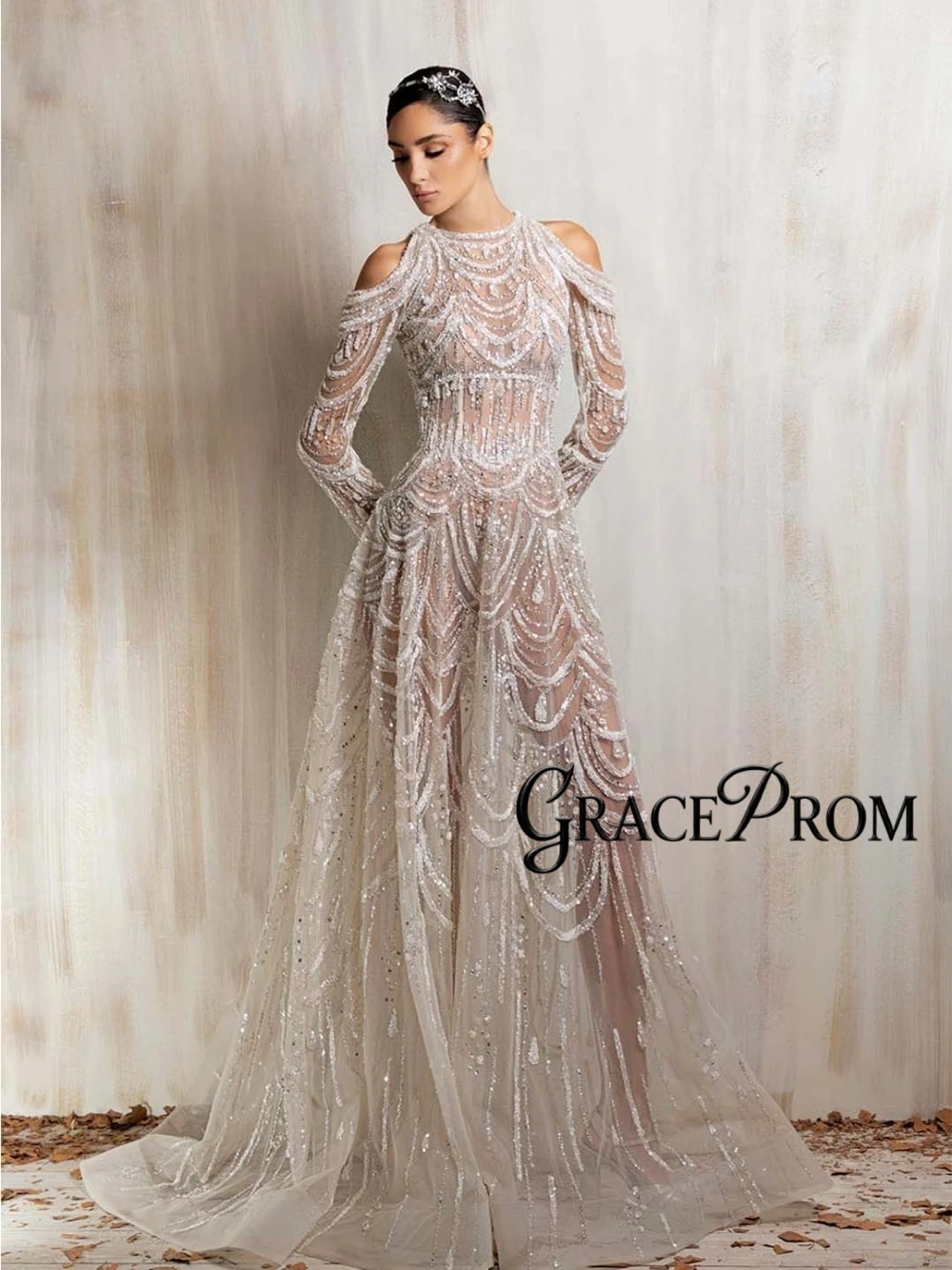 

See Through Sparkling Evening Dress Fitted Waist Fashionable Sexy A Line Beaded Prom Gown Customized Exquisite Long Banquet Wear