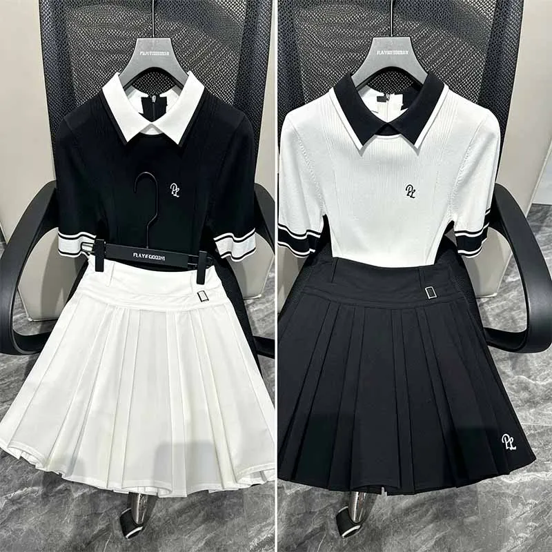

PL Golf Women Polo Shirts Knitted Tennis Sports Top Breathable Short-sleeve T-shirt Pleated Skirt A-lined Leisure Skorts Ladies
